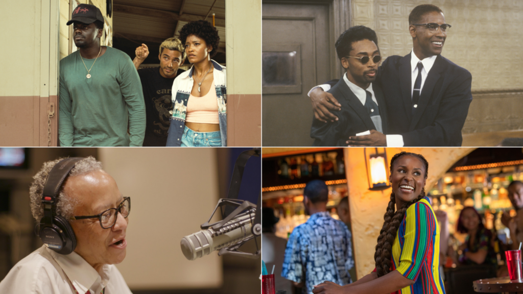Collage of images from the movies NOPE, MALCOLM X, GOING TO MARS: THE NIKKI GIOVANNI PROJECT; and the TV series INSECURE for Black History Month Collection on Crave.